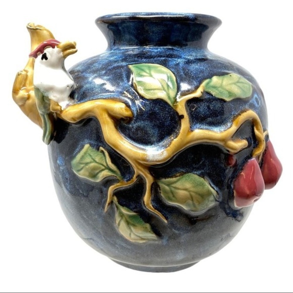 Vintage Ceramic Bird Pear Branch Vase Blue Hand Painted Collectible Art